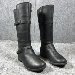 Teva Womens 7 Black Leather Knee High Riding Boots Wedge Zip Buckle 1003011